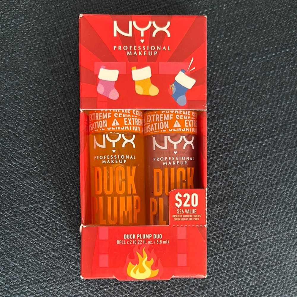 NYX Duck Plump duo boxed set, “Clearly Spicy” and “Nude Swings” gloss lipstick